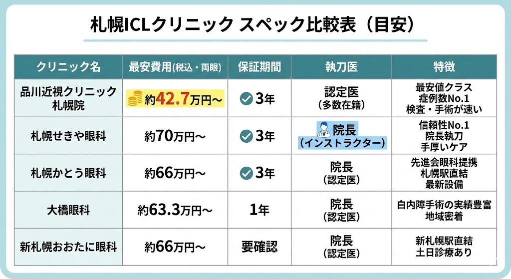 札幌ICLクリニックのスペック比較表(目安)のイメージ図。品川近視クリニック札幌院、札幌せきや眼科、札幌かとう眼科、大橋眼科、新札幌おおたに眼科の最安費用、保証期間、執刀医、特徴が一覧で比較されている。品川の費用(約42.7万円〜)や、せきやの院長(インストラクター)などが強調されている。