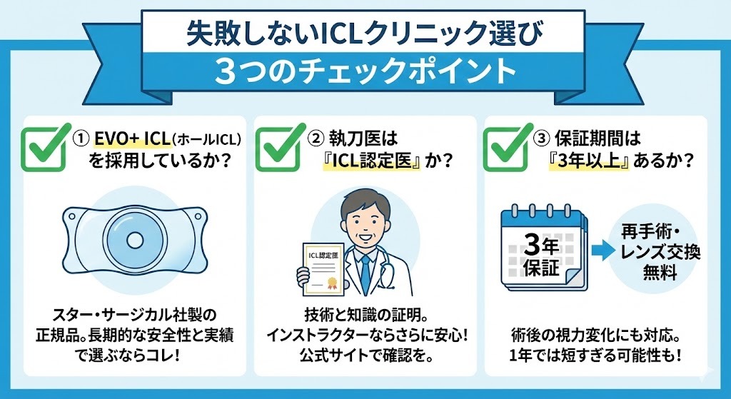 失敗しないICLクリニック選び3つのチェックポイントのイラスト。①EVO+ ICL(ホールICL)を採用しているか?②執刀医は「ICL認定医」か?③保証期間は「3年以上」あるか?の各項目にチェックマークとイラスト、解説が付いている。