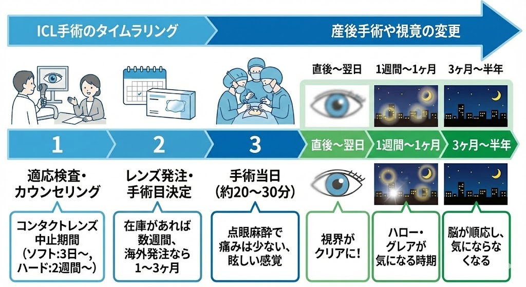 ICL手術のタイムラインと術後の見え方変化を示す図。左から右へ、適応検査、レンズ発注、手術当日のステップがイラストで描かれ、コンタクト中止期間などが補足されている。右側には術後(直後〜翌日、1週間〜1ヶ月、3ヶ月〜半年)の視界の変化(ぼやけからクリアへ、ハロー・グレアの出現と軽減)がイラストで示されている。