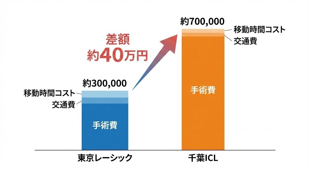 東京でのレーシックと千葉でのICLにかかるトータルコスト（手術費、交通費、時間コスト含む）の比較棒グラフ。