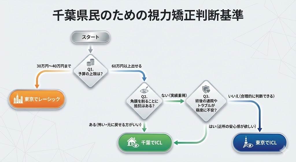 千葉県民がレーシックかICLかを選ぶための判断基準を示すフローチャート図。