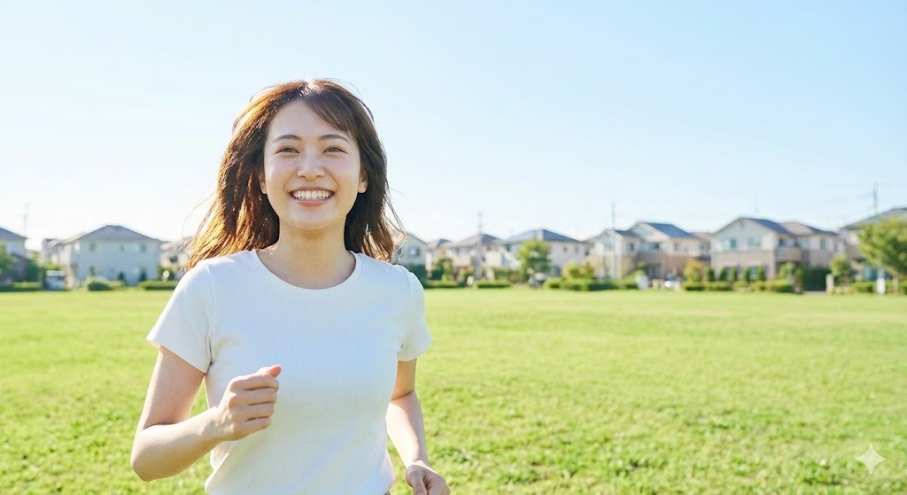 視力矯正手術後、裸眼で快適にランニングを楽しむ女性のイメージ写真。