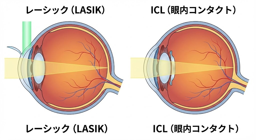 レーシック手術（角膜を削る）とICL手術（眼内レンズ挿入）の目の断面図による仕組みの比較イラスト。