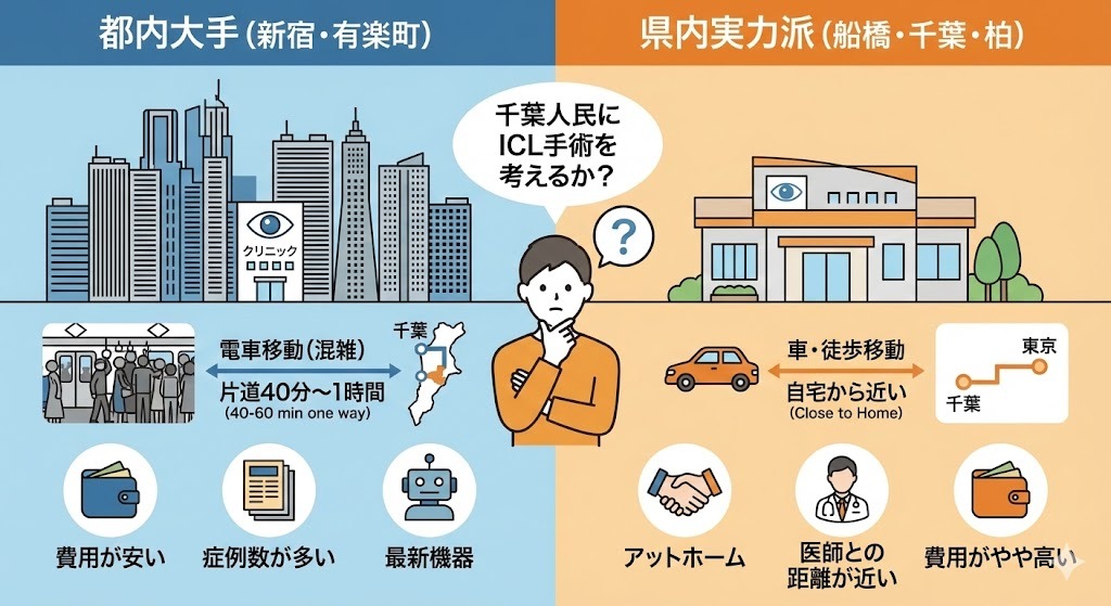 千葉県から通う場合の「都内大手クリニック（低価格・遠い）」と「県内実力派クリニック（近隣・安心）」のメリット・デメリットを比較したイラスト。