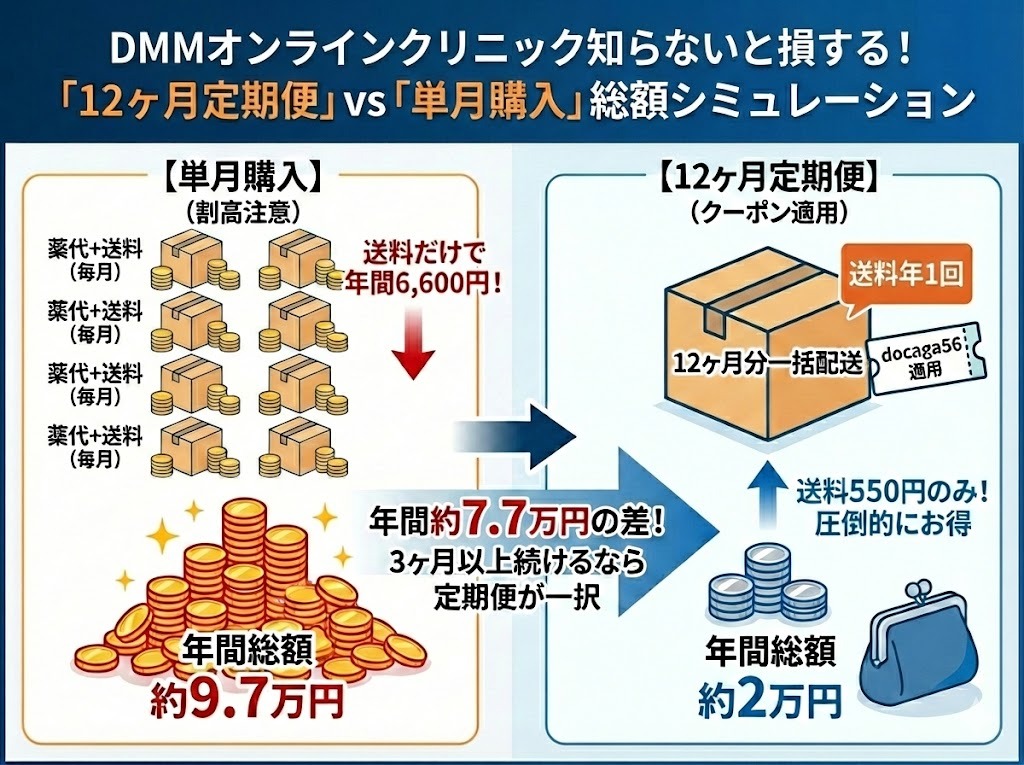 DMMオンラインクリニックAGAの料金比較シミュレーション図。「12ヶ月定期便」と「単月購入」の年間総額を比較し、クーポン適用で約7.7万円の差が出ることを解説。