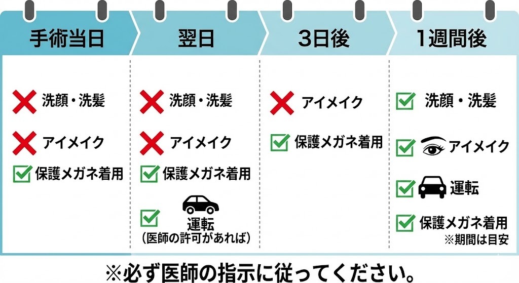 ICL手術後の生活制限スケジュール（当日～1週間後）。洗顔・洗髪、保護メガネ着用、メイク、運転などの可否を時系列で示したタイムラインイラスト。