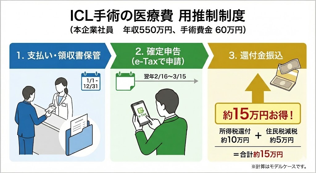 年収550万円の会社員が60万円のICL手術を受けた場合の医療費控除シミュレーション図解。確定申告により所得税と住民税合わせて約15万円の節税効果がある流れを示している。