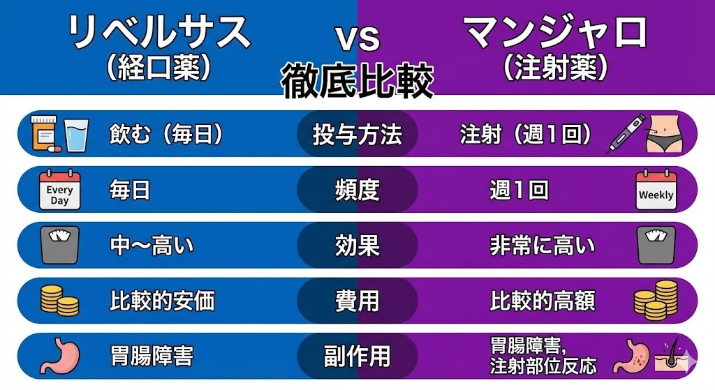 リベルサス(経口薬)とマンジャロ(注射薬)の徹底比較インフォグラフィック。投与方法、頻度、効果、費用、副作用の違いがアイコンとテキストで分かりやすく対比されている。