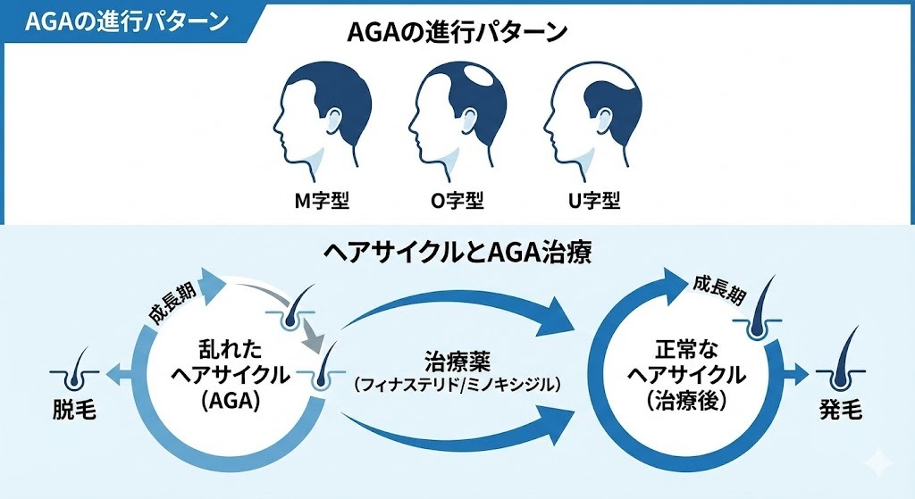 AGA（男性型脱毛症）の進行パターン（M字型、O字型、U字型）とヘアサイクルの乱れ（成長期の短縮と脱毛）、治療薬による正常化（成長期の延長と発毛）のメカニズムを日本語で図解したイラスト。