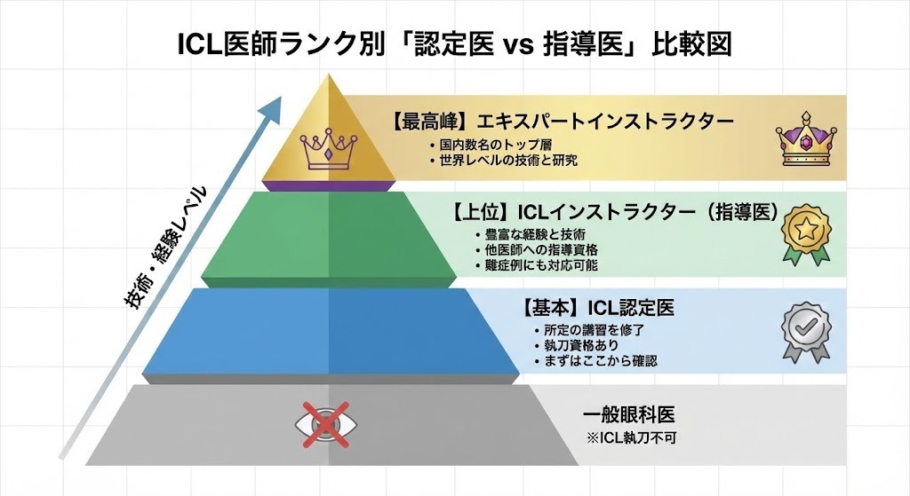 ICL認定医、インストラクター（指導医）、エキスパートインストラクターの技術レベルと役割の違いを示したピラミッド型比較図。