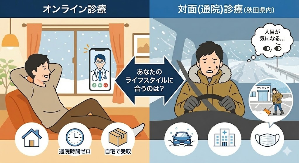 秋田県でのAGA治療における、オンライン診療（DMMなど）と対面通院診療のライフスタイル比較イラスト。左側は自宅で快適にスマホ受診する様子、右側は雪道での車通院や人目を気にしながらクリニックに入る様子を描写。