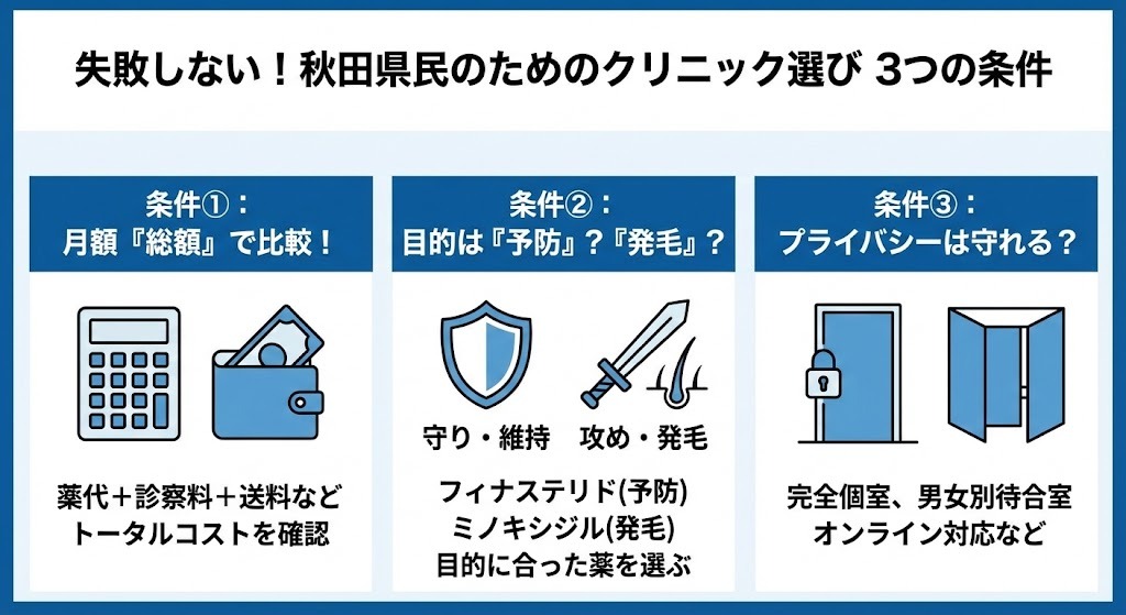 秋田県民のためのAGAクリニック選び3つの条件を示す図。1.月額「総額」で比較（薬代+診察料+送料など）、2.目的は「予防」か「発毛」か（フィナステリド、ミノキシジル）、3.プライバシーは守れるか（完全個室、オンライン対応など）をアイコン付きで解説。