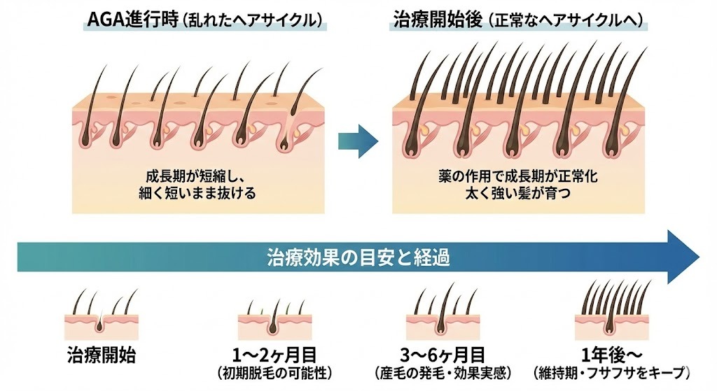 AGA治療によるヘアサイクルの正常化メカニズムと治療効果の経過を示す図。上段はAGA進行時と治療開始後の毛根断面図の比較。下段は治療開始から1〜2ヶ月目の初期脱毛、3〜6ヶ月目の発毛実感、1年後の維持期までのタイムラインをイラストで解説。