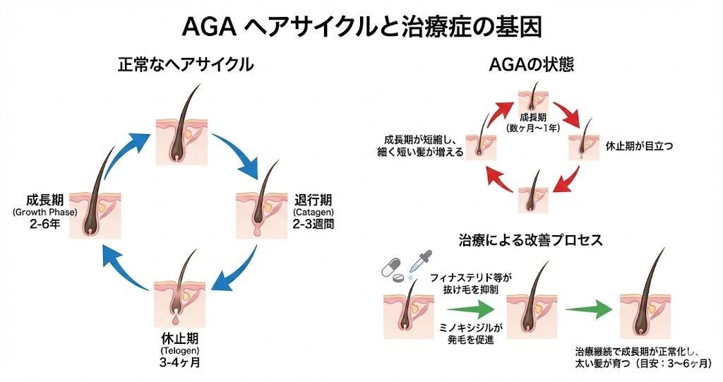 AGAによるヘアサイクルの乱れと治療メカニズムの解説図。正常なヘアサイクル、AGAによって成長期が短縮した状態、そして治療薬によって成長期が正常化し健康な髪が育つまでのプロセスを段階的にイラストで説明。効果実感までの目安期間も記載。