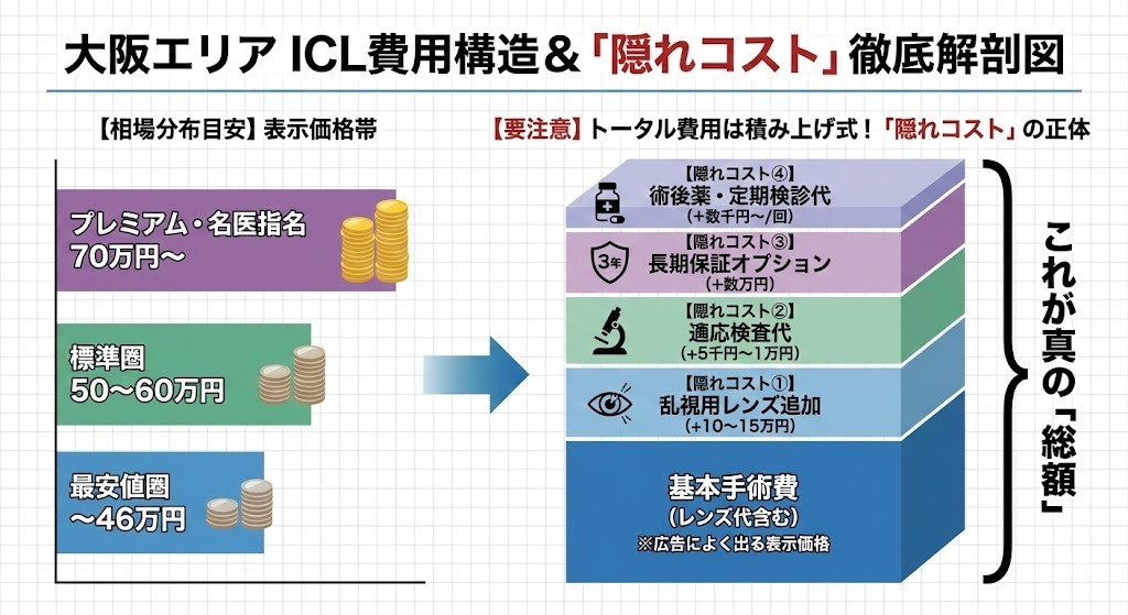 大阪のICL費用相場（最安値〜プレミアム）と、表示価格に上乗せされる適応検査代や乱視用レンズ代などの「隠れコスト」内訳を図解したグラフ。