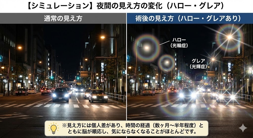 ICL手術後の夜間の見え方シミュレーション。通常の見え方と、光の輪（ハロー）や光の筋（グレア）が現れた状態の比較写真。