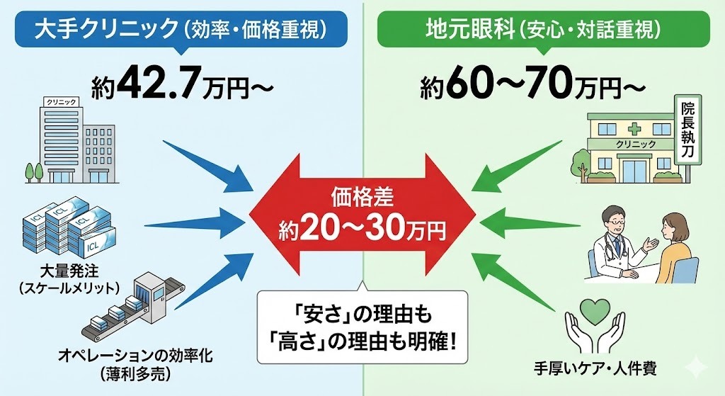 札幌のICL費用相場と価格差の理由を解説する図。左側は「大手クリニック(効率・価格重視)」で約42.7万円〜、理由は大量発注とオペレーション効率化。右側は「地元眼科(安心・対話重視)」で約60〜70万円〜、理由は院長執刀と手厚いケア・人件費。中央に約20〜30万円の価格差が示されている。