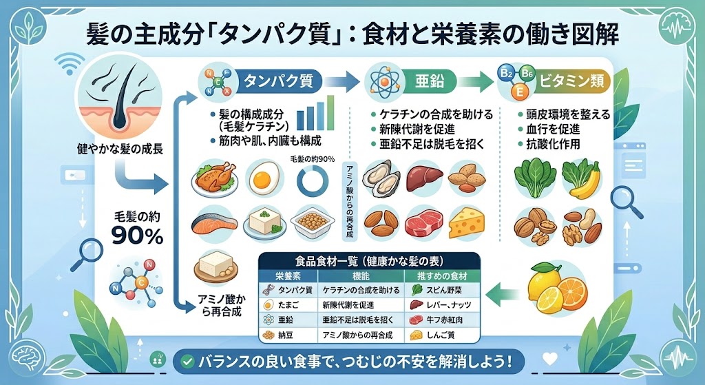 髪を育てる栄養素（タンパク質と亜鉛）と具体的な食材（サラダチキン、納豆、牡蠣、アーモンド）の図解。毛母細胞でのケラチン合成のイメージ。