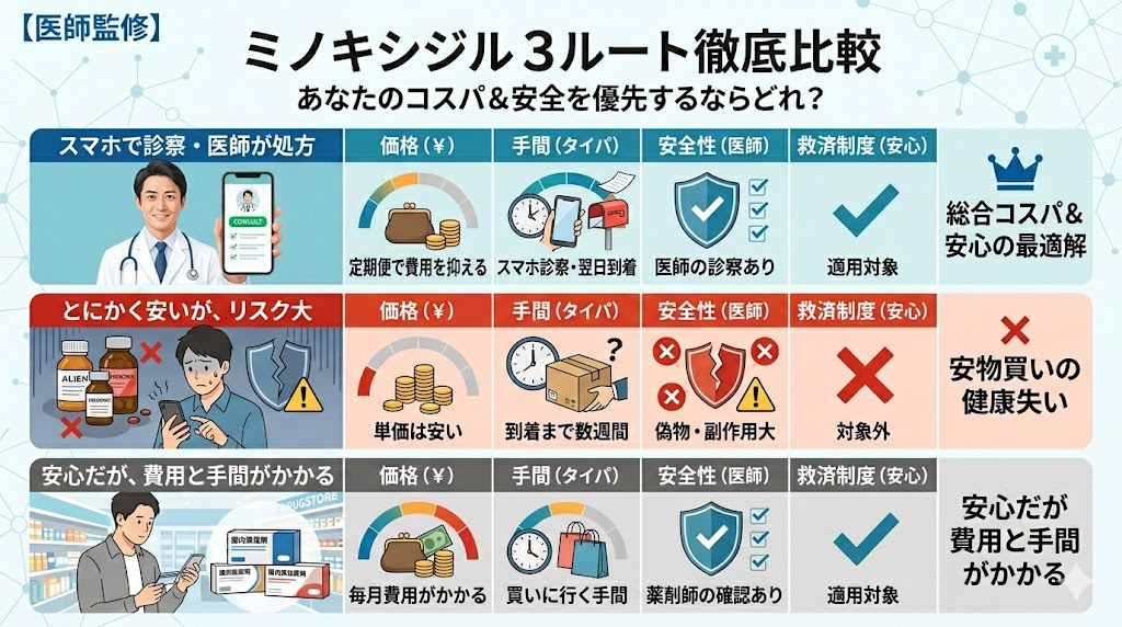 ミノキシジルの購入ルート3選(オンライン診療、個人輸入代行、国内市販薬)を価格・安全性・手間・救済制度で徹底比較したインフォグラフィック。