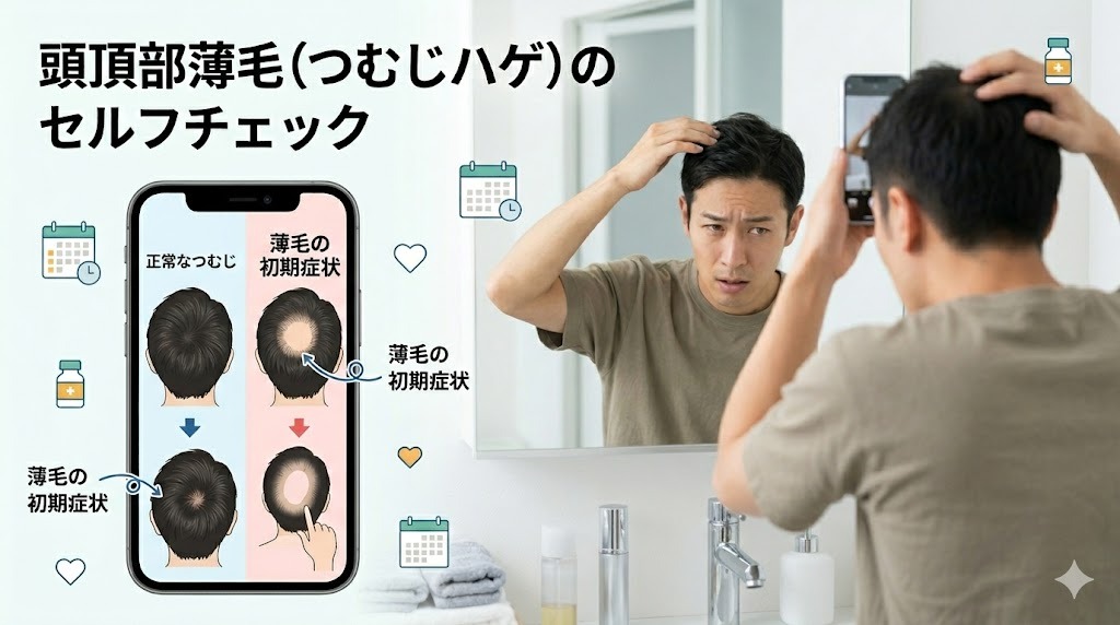 スマートフォンで頭頂部を撮影し、正常なつむじと薄毛の初期症状を比較する男性。頭皮の色や抜け毛のチェック方法を示すセルフチェック画面。