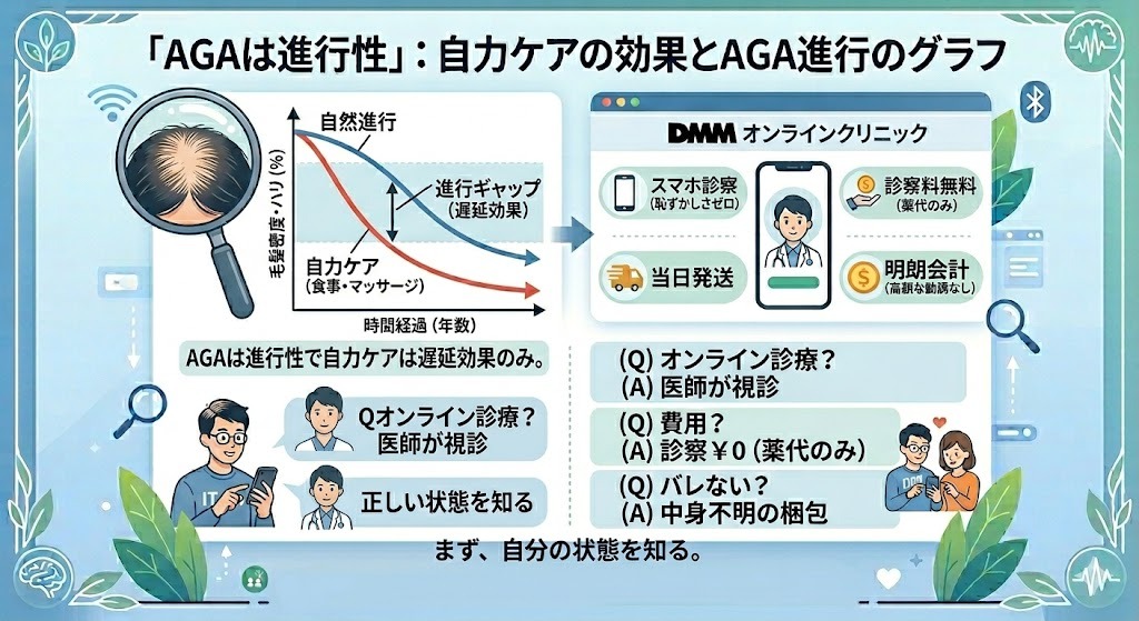DMMオンラインクリニックのAGA治療のメリット図解。スマホで誰にも会わずに診察、診察料無料で薬代のみ。家族にバレないポスト投函。医師による視診。