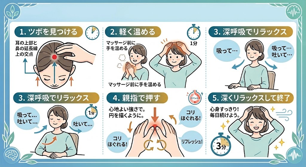 1日3分でできる正しい頭皮マッサージの3ステップ手順図解。側頭部引き上げ、後頭部ほぐし、百会（ひゃくえ）のツボの位置と押し方。
