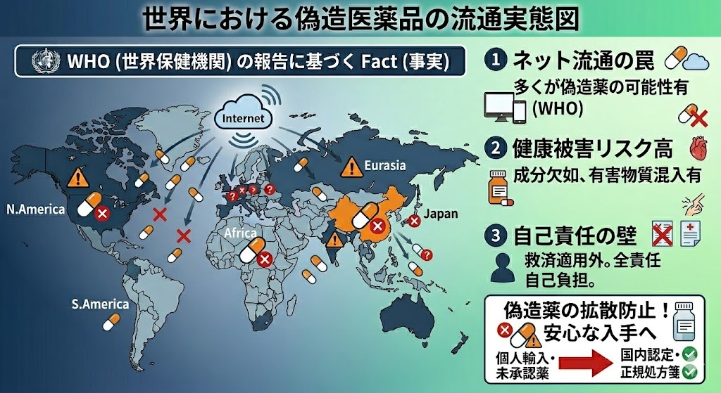 世界における偽造医薬品の流通実態とWHO(世界保健機関)による警鐘の図解