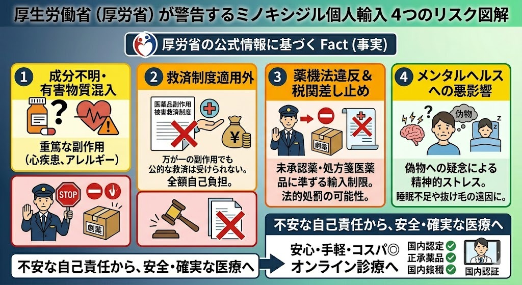 厚生労働省(厚労省)が警告するミノキシジル個人輸入の4つの重大なリスク図解