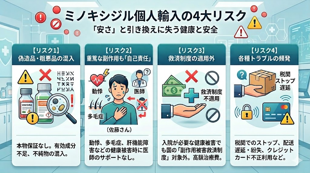 ミノキシジル個人輸入の4大リスク(偽造品、自己責任の副作用、救済制度対象外、配送・決済トラブル)を解説するインフォグラフィック。