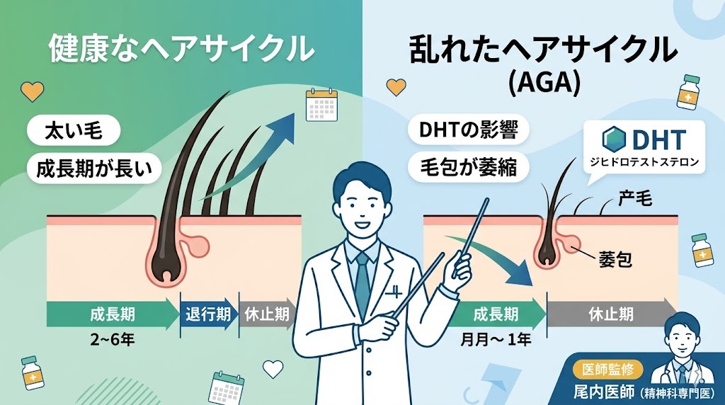 健康なヘアサイクルと、AGA（男性型脱毛症）による乱れたヘアサイクルの比較図解。医師のアバターが成長期の短縮とDHTの影響を解説している医療グラフィック。