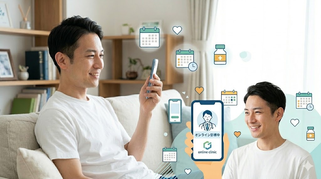 自宅のリビングでリラックスしながら、スマートフォンで医師とオンライン診療を受ける日本人男性。ハートやカレンダーのアイコンが浮遊する安心感のある光景。