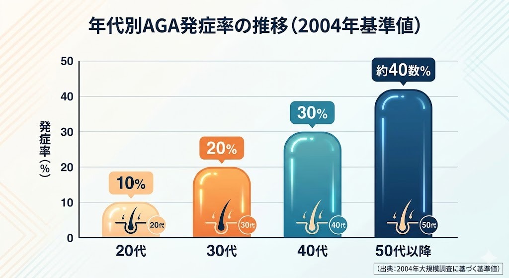 2004年基準値:20代約10%、30代約20%、40代約30%、50代以降約40数%を示す視覚的なグラフ