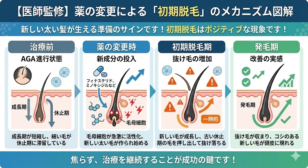 AGA治療薬の成分変更によるヘアサイクルの変化と初期脱毛のメカニズムを示す図解。古い細い髪が、新しく生えてきた太い髪に押し出されて抜ける様子を表している。