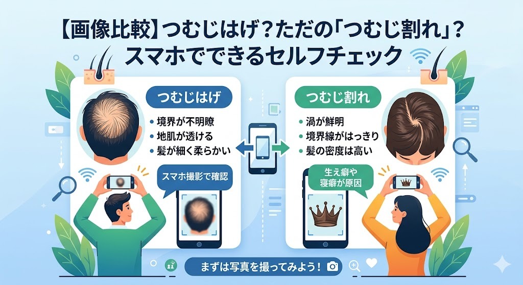 「つむじはげ」と正常な「つむじ割れ」の頭頂部写真比較図。スマホでのセルフチェック方法（境界、地肌、毛の太さ、渦）を解説。