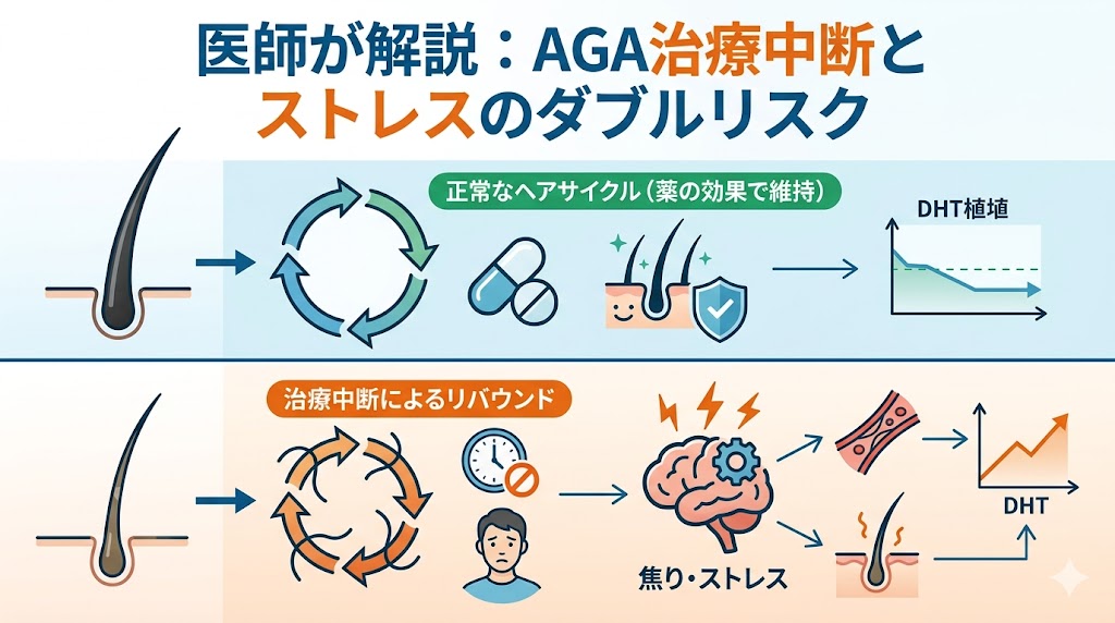 AGA治療中断によるヘアサイクルの乱れと、焦りやストレスによる血流悪化のダブルリスクを図解で解説