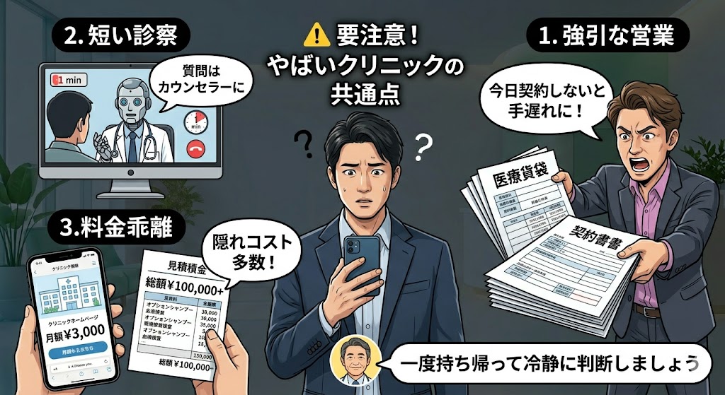 要注意なやばいAGAクリニックの3つの共通点（強引な営業、短い診察時間、隠れコストによる料金乖離）に直面し、一度持ち帰って冷静に判断するよう促すイラスト