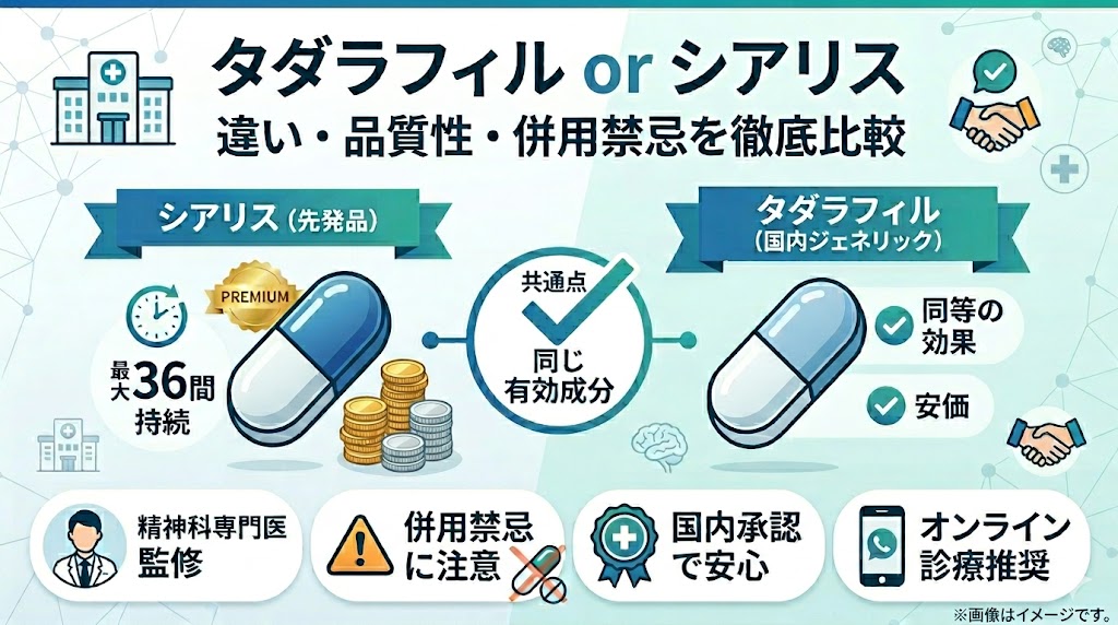 【医師監修】タダラフィルとシアリスの違いは？国内製ジェネリックの品質性と併用禁忌