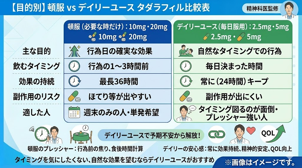 「【目的別】頓服（10mg・20mg）vs デイリー（2.5mg・5mg）タダラフィル比較表。主な目的、飲むタイミング、効果の持続、副作用のリスク、適した人を比較。