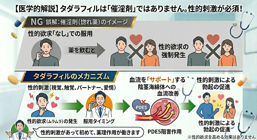 タダラフィルの勃起促進メカニズム図解。薬を飲むだけで勝手に勃起する「催淫剤」という誤解（NGパターン）と、性的刺激があって初めてスムーズな勃起が促される正しい使用法（OKパターン）の比較。