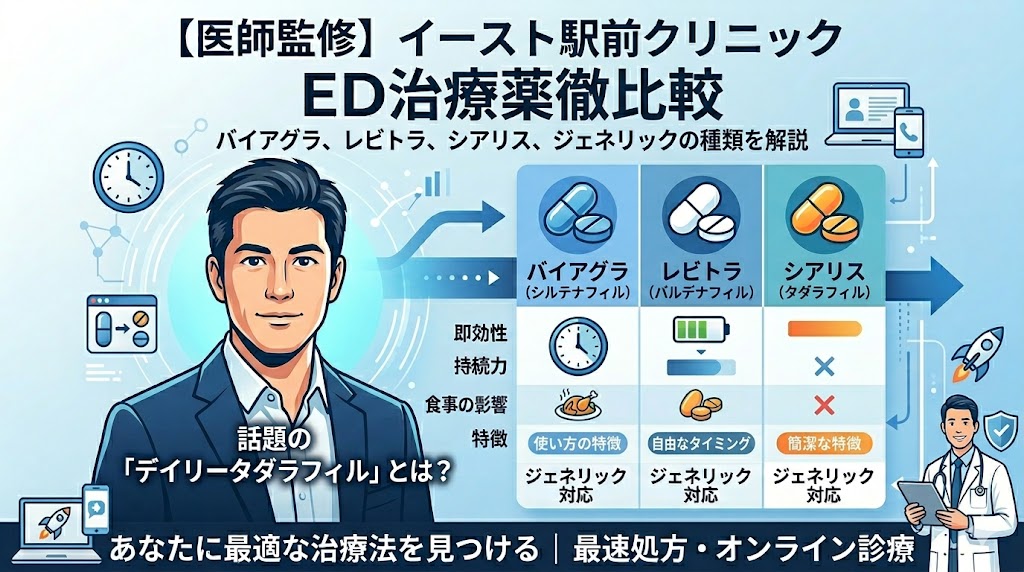【ED薬の種類比較】イースト駅前クリニックのリアルな評判とホリエモンで話題のデイリータダラフィル