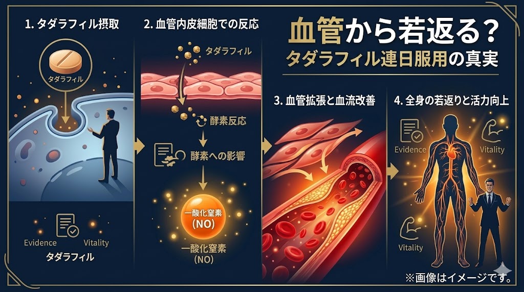 タダラフィル（シアリス）連日服用による血管内皮保護メカニズムの4段階インフォグラフィック。摂取から酵素反応、NO（一酸化窒素）産生、血管拡張、全身の血流改善、活力向上までのプロセスを、図解とアイコンで詳細に解説。