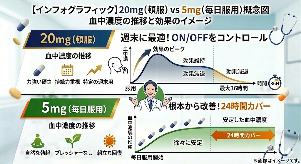 タダラフィル20mg（頓服）と5mg（毎日服用）の血中濃度の推移と効果の現れ方の概念図。20mgは行為前に急上昇し最大36時間持続、5mgは毎日服用で数日で血中濃度が安定し24時間カバー。