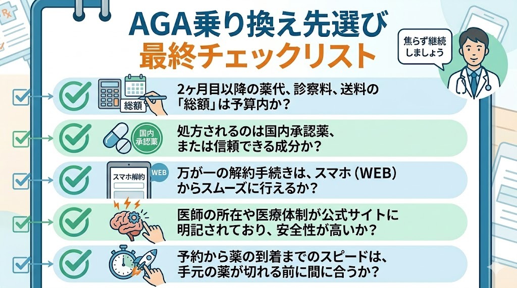 AGAオンラインクリニックの乗り換え先選びで失敗しないための最終チェックリスト（費用の総額、国内承認薬、解約のしやすさ、安全性、スピードの5項目）
