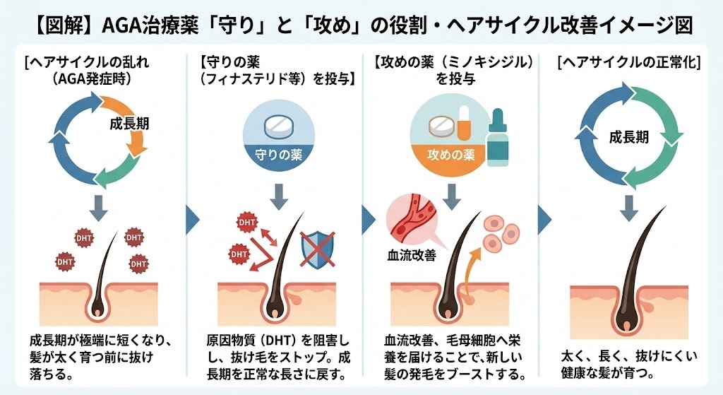 【図解】AGA治療薬「守り」と「攻め」の役割・ヘアサイクル改善イメージ図
