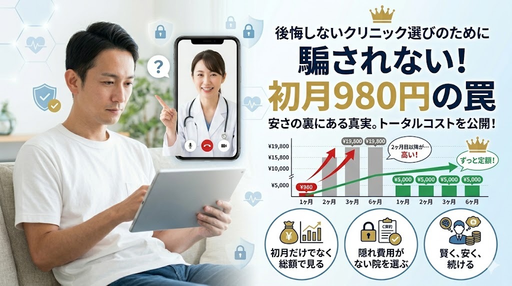 グラフで見るAGA治療費用比較。『初月980円の罠クリニック (A院)』は2ヶ月目以降が高額になることを急上昇する棒グラフで、『定額クリニック (B院)』はずっと同じ低価格であることを水平な線グラフで対比。隠れ費用の有無とトータルコストの違いを視覚的に伝えるインフォグラフィック。
