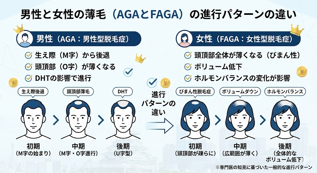 男性(AGA)と女性(FAGA)の薄毛進行パターンの違い。男性は生え際や頭頂部から局所的に進行し、女性は全体的に疎らになる(びまん性)様子を、段階的な頭部イラストと原因(DHT、ホルモンバランス)の違いをアイコンで比較したインフォグラフィック。