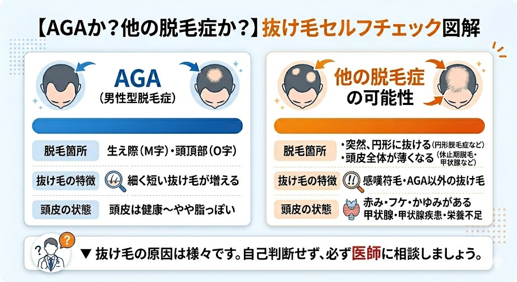 抜け毛の原因がAGA（男性型脱毛症）か、保険適用が期待できる円形脱毛症や脂漏性皮膚炎などの他疾患かを診断するためのセルフチェック図解。生え際・頭頂部の薄毛、抜け毛の特徴（細くて短い毛の有無）、頭皮の状態（赤み、フケ、かゆみ）のイラスト比較。日本皮膚科学会ガイドライン等を踏まえた専門医監修の情報。