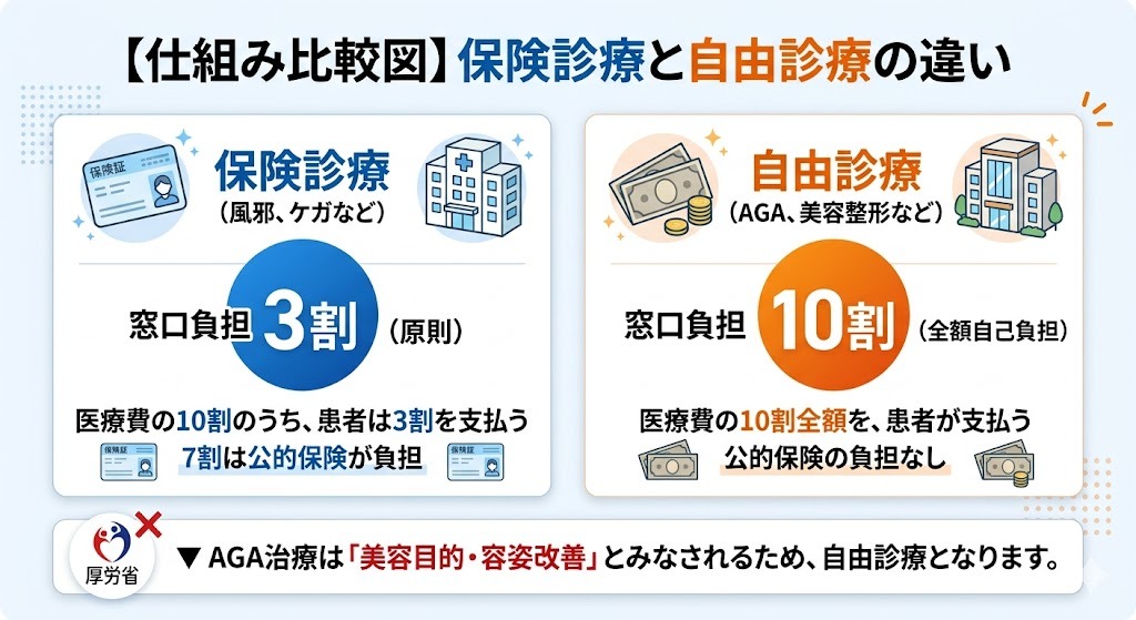 AGA治療費が全額自己負担（自由診療）となる理由を視覚化。保険診療（風邪、ケガなど）の窓口負担3割に対し、自由診療（AGA治療、美容整形など）は公的医療保険が適用されず、患者が10割全額を負担する仕組みの違いをイラストで図解。国税庁や厚生労働省の基準に基づく正確な情報を提示。