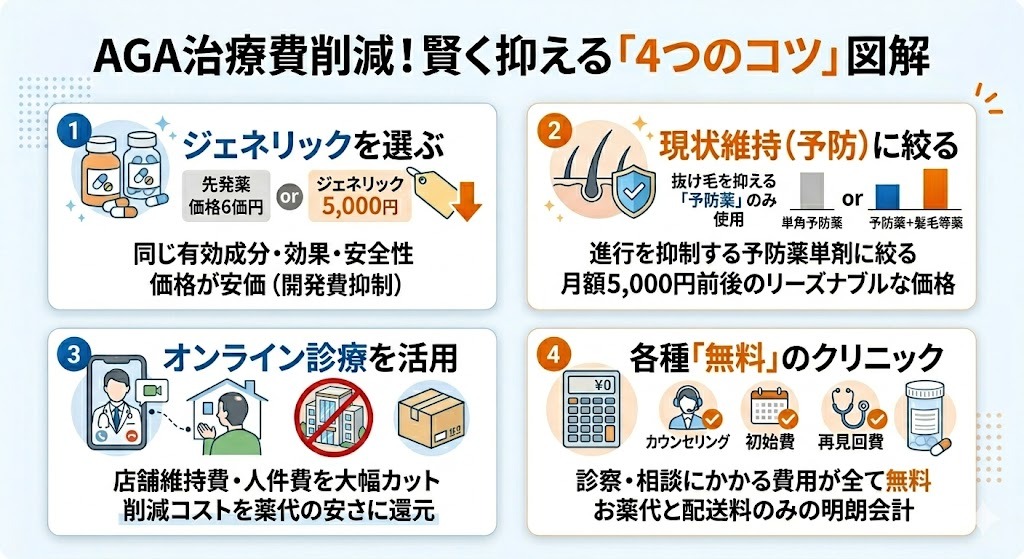 全額自己負担のAGA治療費を、品質を落とさず安全に安く抑えるための「4つのコツ」をまとめたイラスト。1.ジェネリック医薬品の選択、2.「予防（現状維持）」プランへの特化（月額5,000円前後）、3.オンライン診療クリニックの活用、4.カウンセリング・初診料無料のクリニック選定。ペルソナの予算（月額数千円〜）に寄り添った解決策の提示。