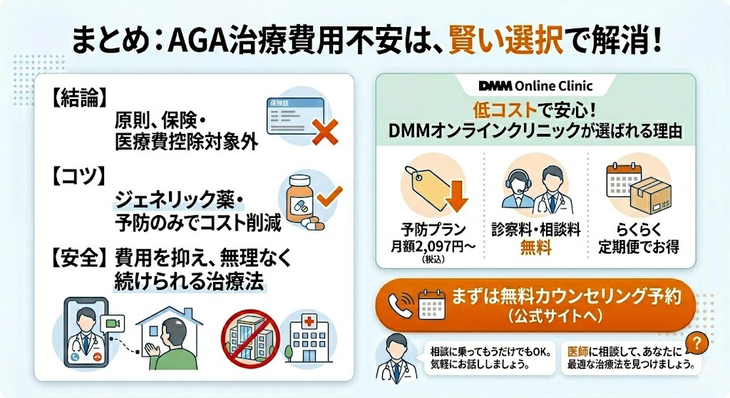 AGA治療費用記事の総括と無料カウンセリング誘導イラスト。結論（保険・医療費控除対象外）、コスト削減コツ（ジェネリック・オンライン診療活用、月額2,097円〜）の再掲と、専門医（尾内医師）からのメッセージ（一人で悩まず相談、ストレス解消）、安心感（無理な勧誘なし）、具体的なCTA（無料カウンセリング予約）の提示。Helpful Contentガイドライン準拠の読者行動の後押し。